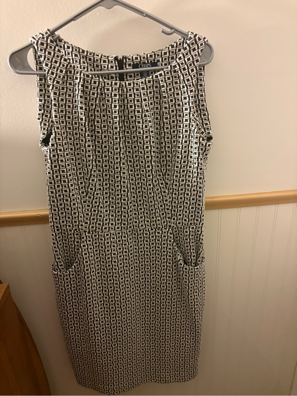 CHAPS Womens 12 Black Cream Geometric Sleeveless Sheath Dress Pockets Work
